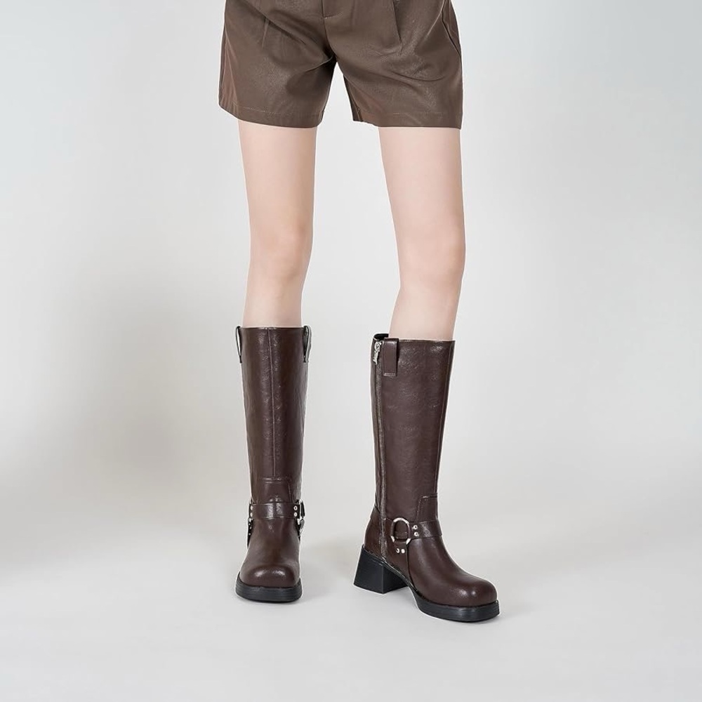Womens Knee High Biker Boots Square Toe Block Heel Ridding Boot brown leather 8